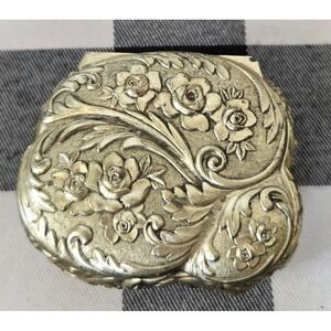 Silver Tone Hinged Trinket Jewelry Box Red Felt Lined Rose Pattern Made in Japan